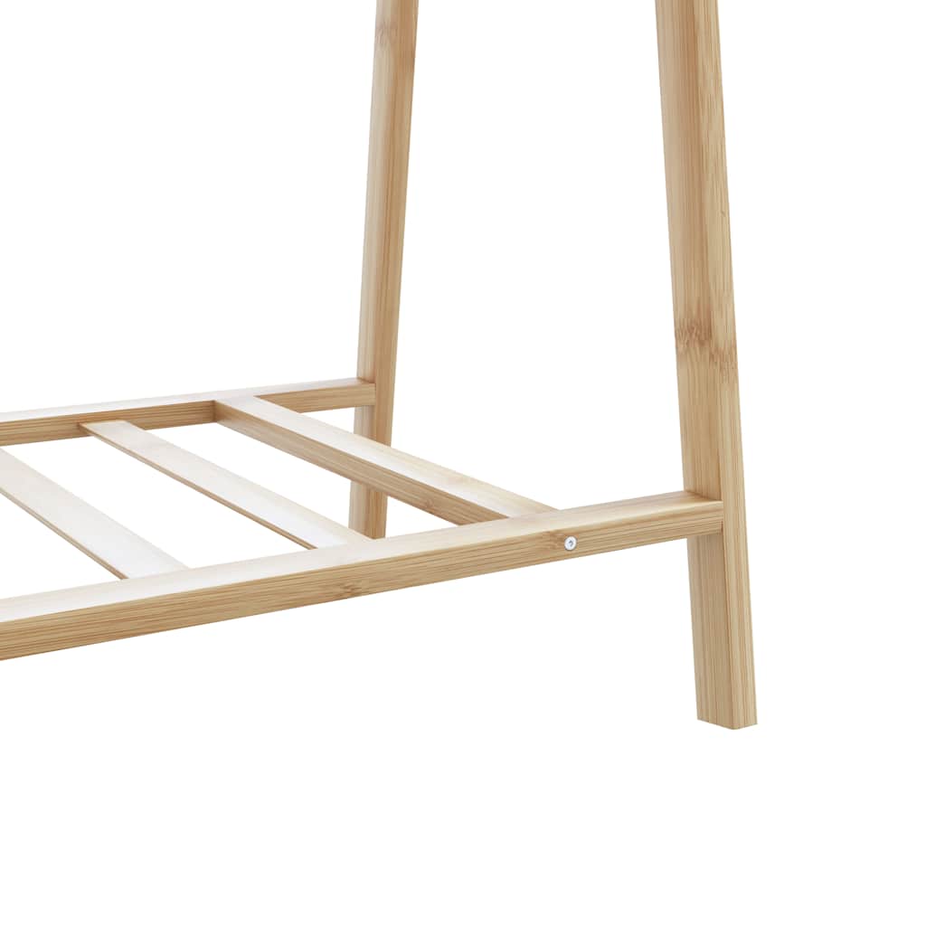 Bamboo clothes rack with two shelves and side hooks, measuring 37.8x17.9x59.3 inches.