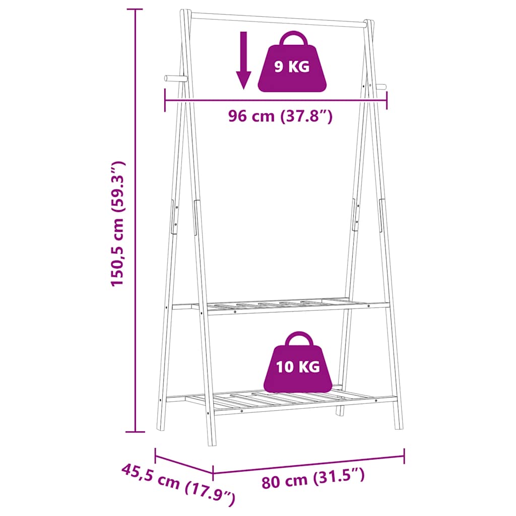 Bostome bamboo clothes rack with shelves, dimensions 37.8x17.9x59.3 inches, showing weight capacities and foldable design.
