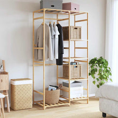 Bamboo clothes rack with 6 shelves, holding clothes, baskets, and boxes.