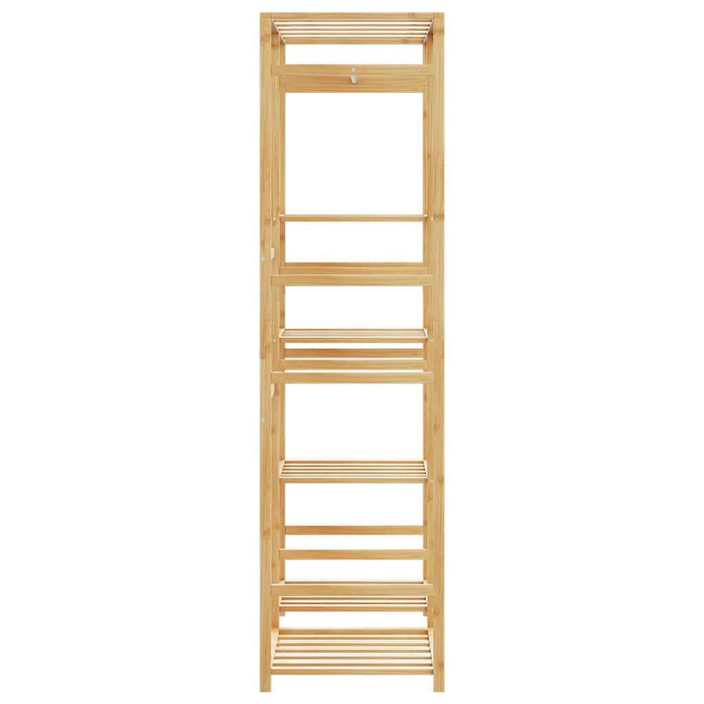 Tall bamboo clothes rack with 6 shelves and a hanging rod.