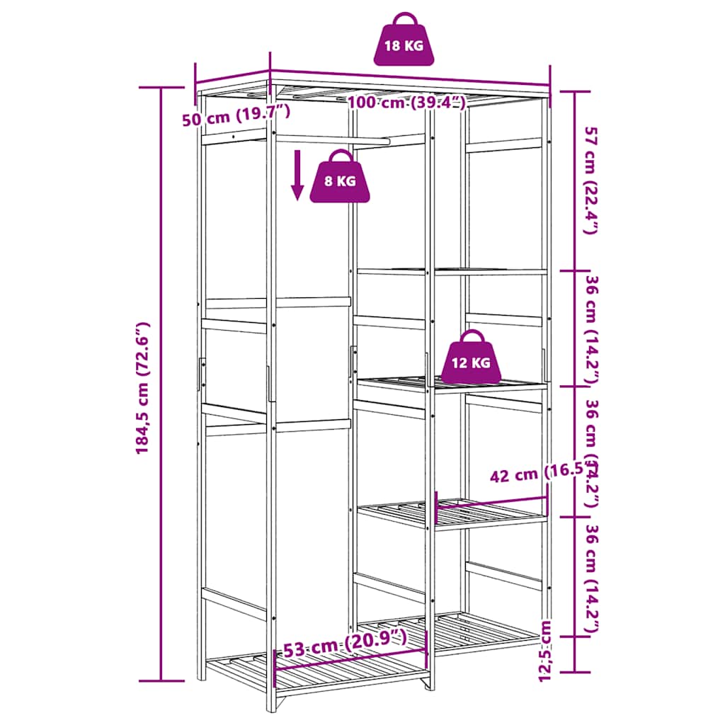Bostome bamboo clothes rack with 6 shelves, measuring 39.4x19.7x72.6 inches.