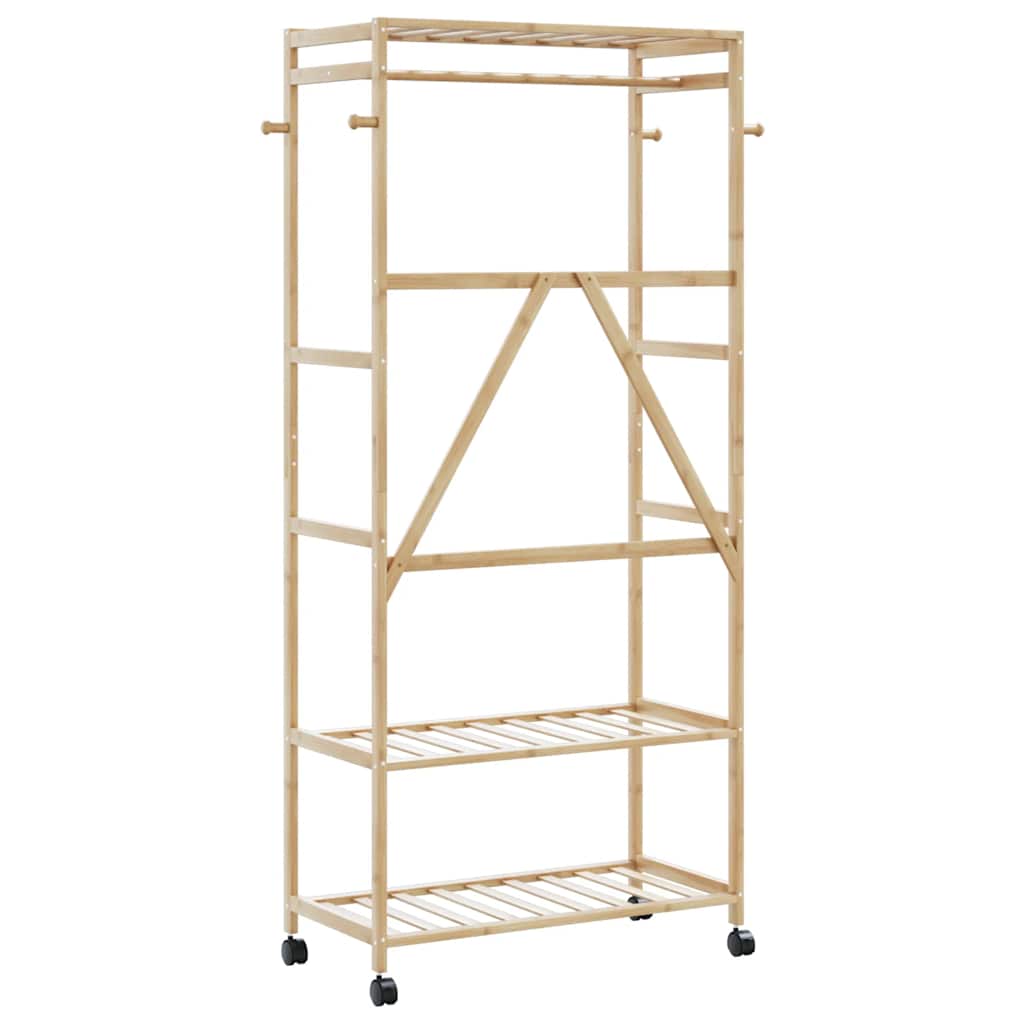 Bamboo clothes rack with three shelves, four hooks, and wheels in natural wood finish