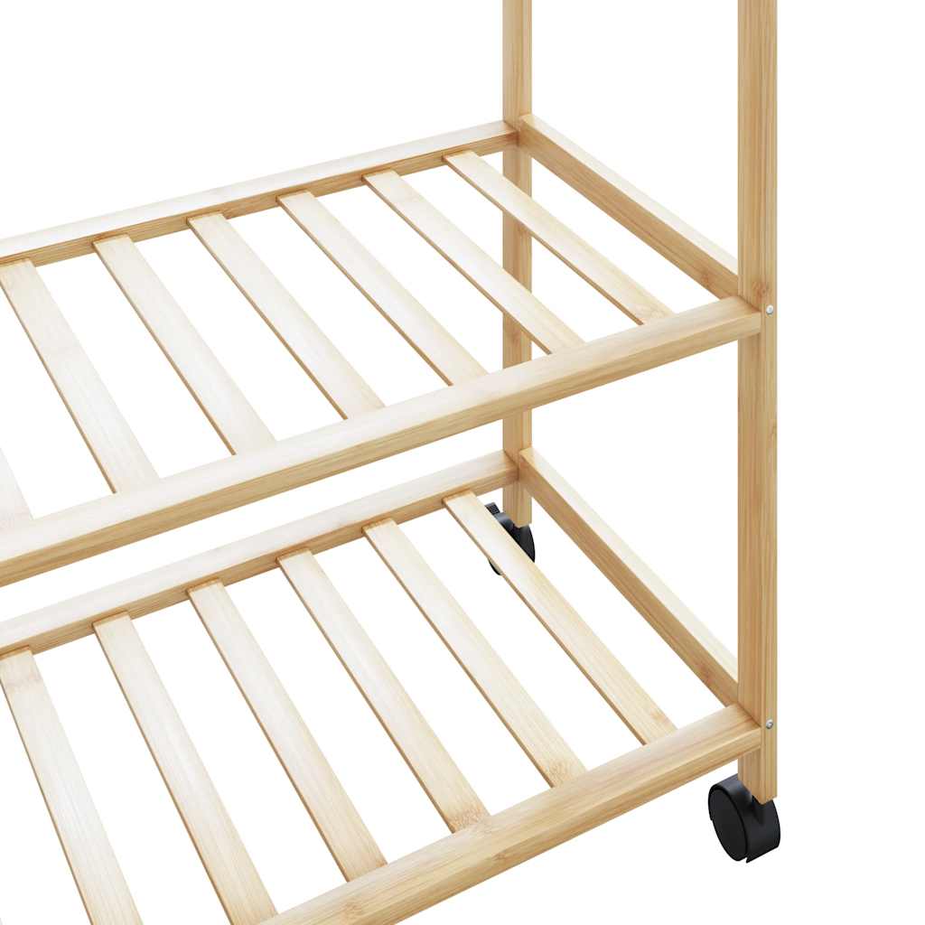 Bamboo clothes rack with shelves, natural wood finish, and wheels.