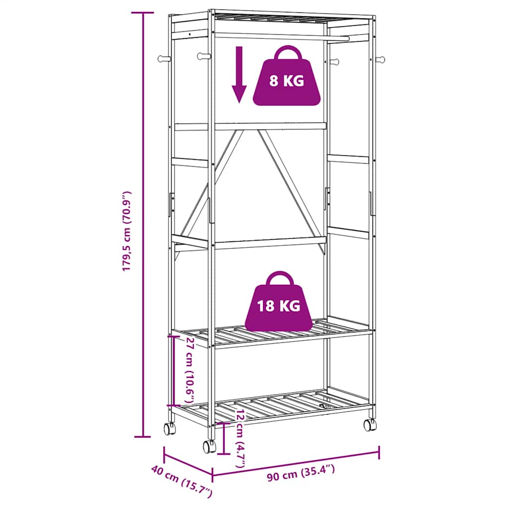 Bamboo clothes rack with three shelves, four hooks, wheels, and natural wood finish.