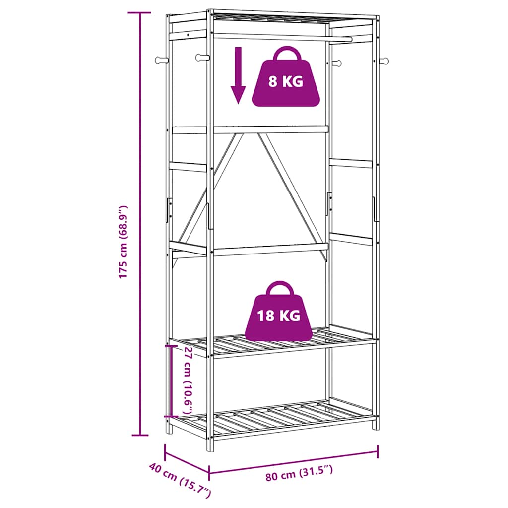 Clothes Rack with Shelves 31.5x15.7x68.9 Bamboo