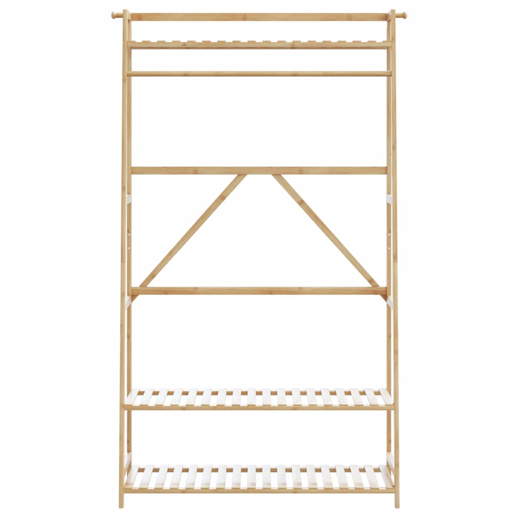 Bamboo clothes rack with three shelves, hanging rod, and side hooks, 43.3x15.7x70.9 inches tall.