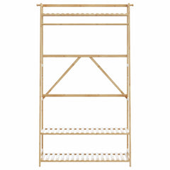 Bamboo clothes rack with three shelves, hanging rod, and side hooks, 43.3x15.7x70.9 inches tall.