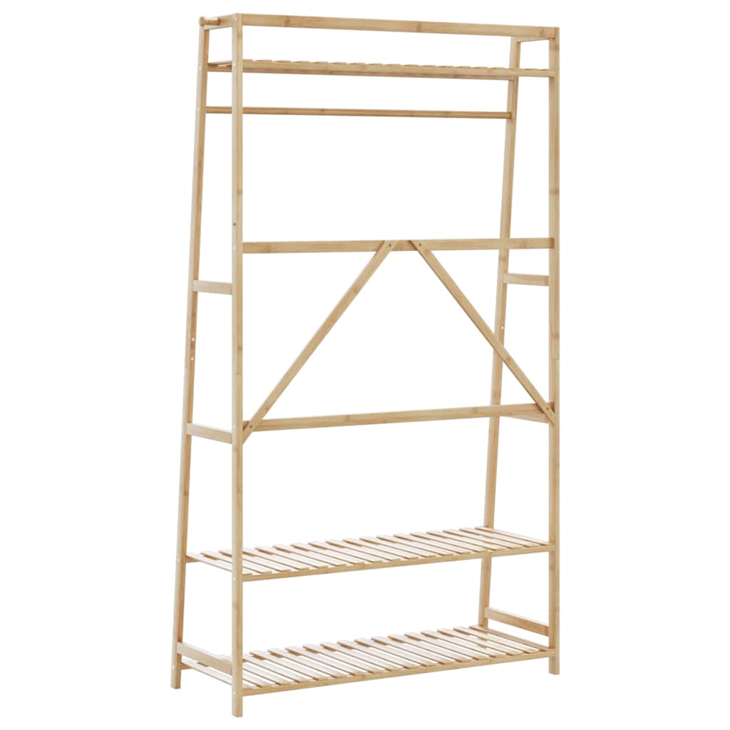 Bamboo clothes rack with hanging rod, three shelves, and side hooks, measuring 43.3x15.7x70.9 inches.