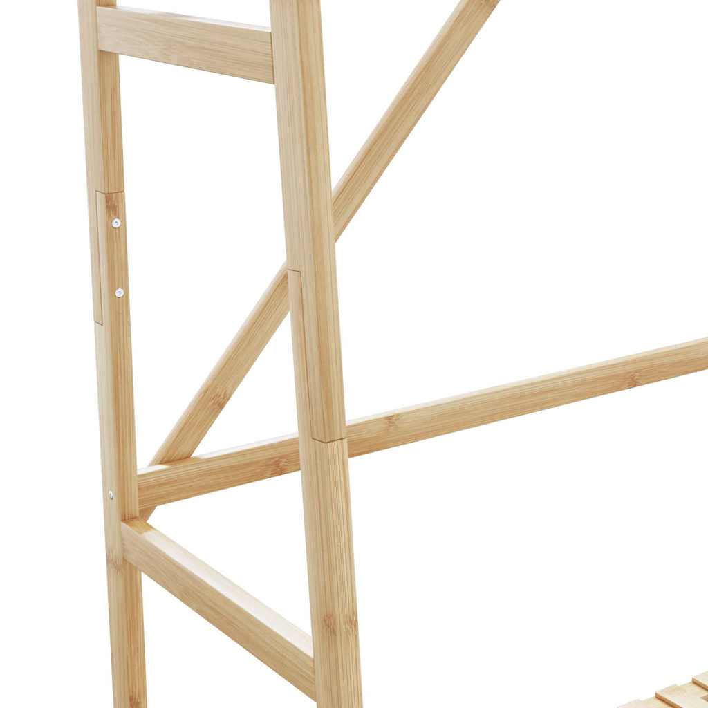 Bamboo clothes rack with three shelves and hanging rod, natural finish, compact design.