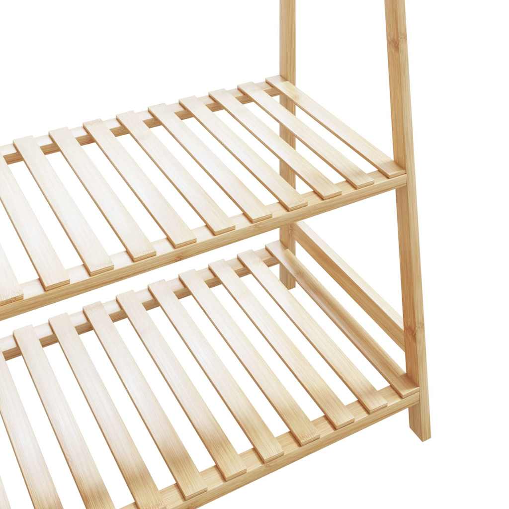 Bamboo clothes rack with three shelves and hanging rod, measuring 43.3x15.7x70.9 inches.
