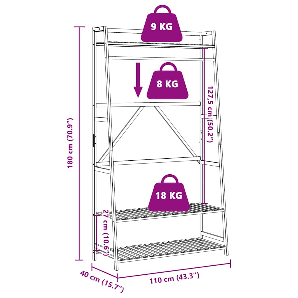Bostome bamboo clothes rack with 3 shelves, dimensions 43.3x15.7x70.9 inches, showing weight capacities.