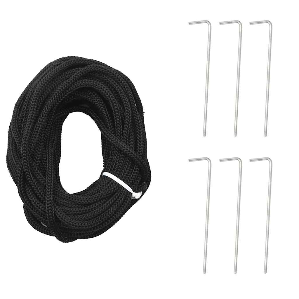 Black coiled rope light with six silver metal ground stakes for outdoor use.