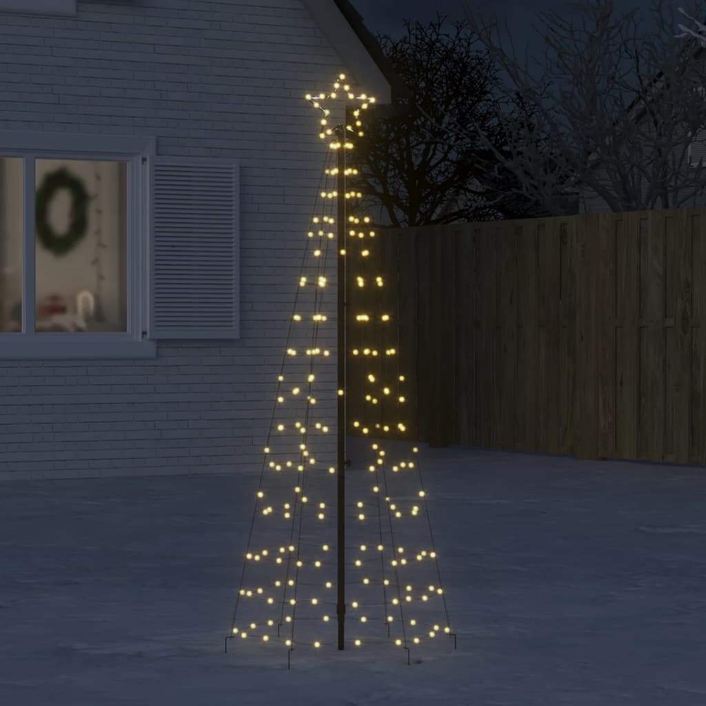 A 70.9-inch LED Christmas tree with 220 warm white lights, set outdoors in snowy evening light.