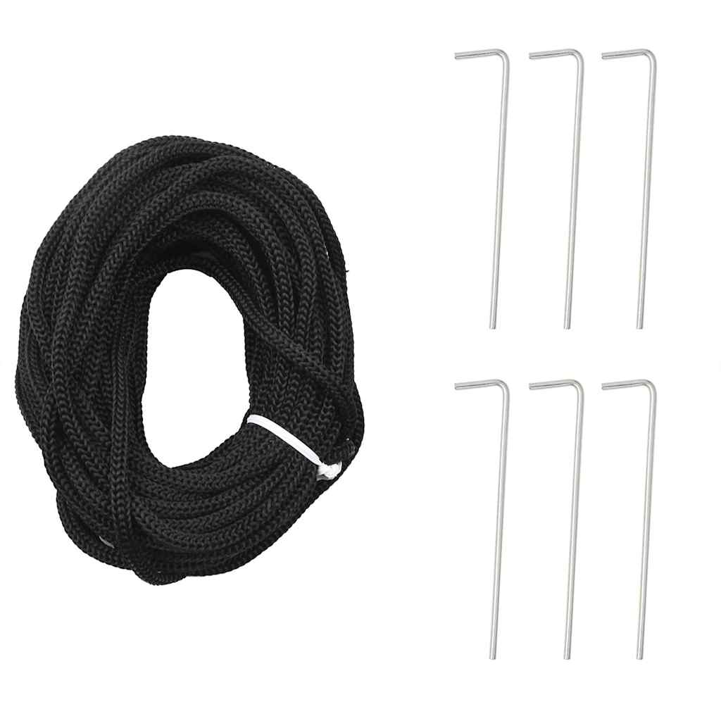 A coiled black rope with six silver metal stakes for securing outdoor items.