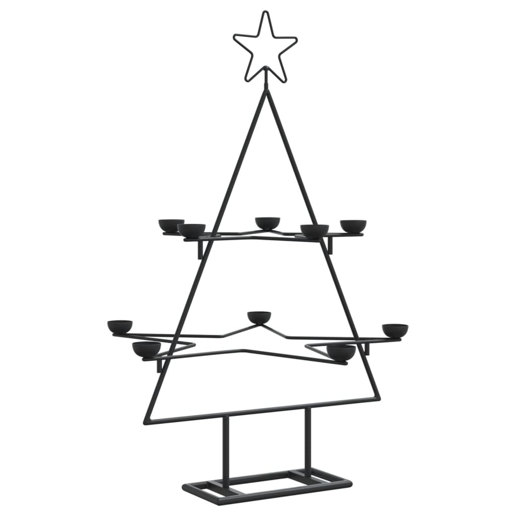 Black metal Christmas tree stand, 29.5 inches tall, with tiers for tealight holders.