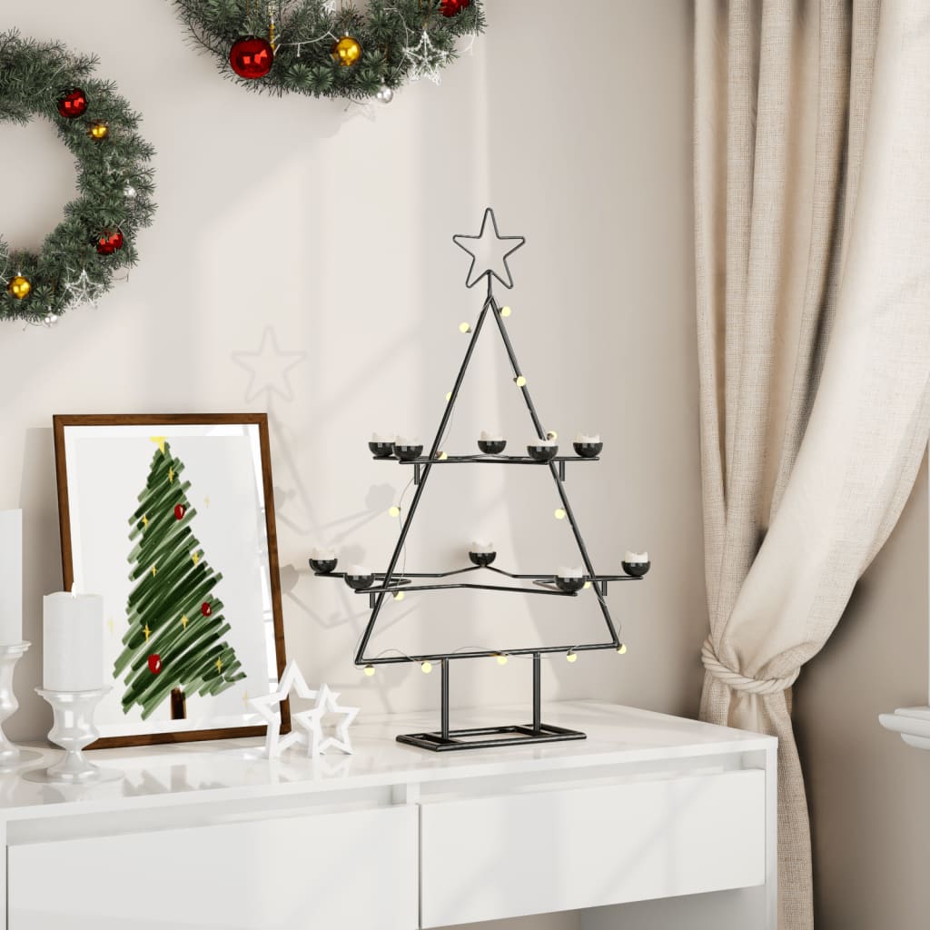Black metal Christmas tree stand, 29.5 inches tall, with tiered tealight holders.