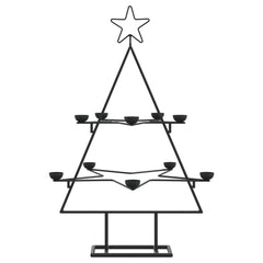 Black metal Christmas tree stand with two tiers and star top, 29.5 inches tall.
