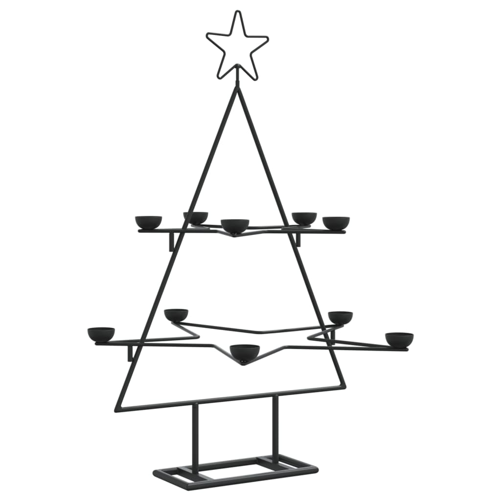 Black metal Christmas tree stand, 29.5 inches tall, with tiers for tealight holders and a star top.