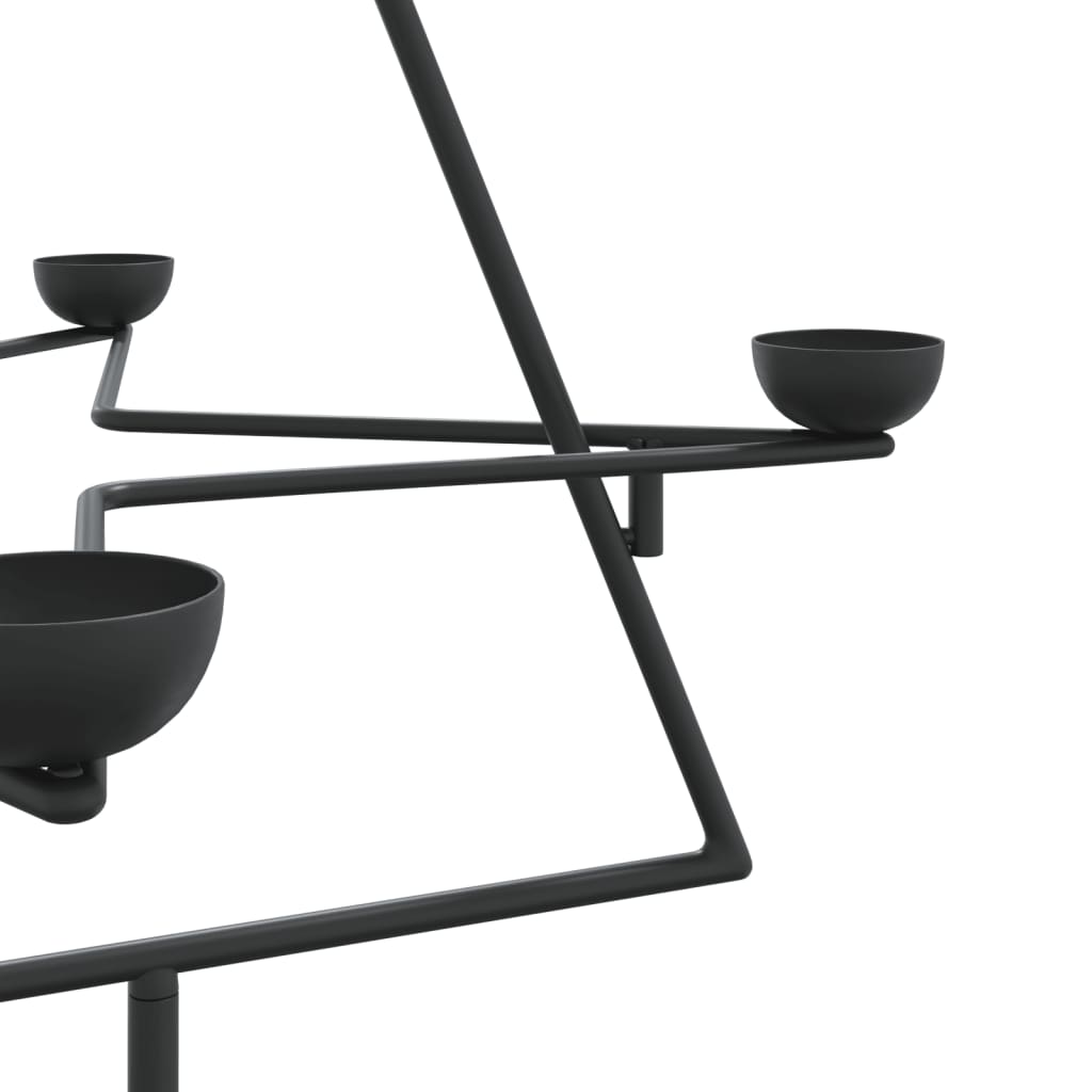 Black metal Christmas tree stand with two tiers and five tealight holders per tier.