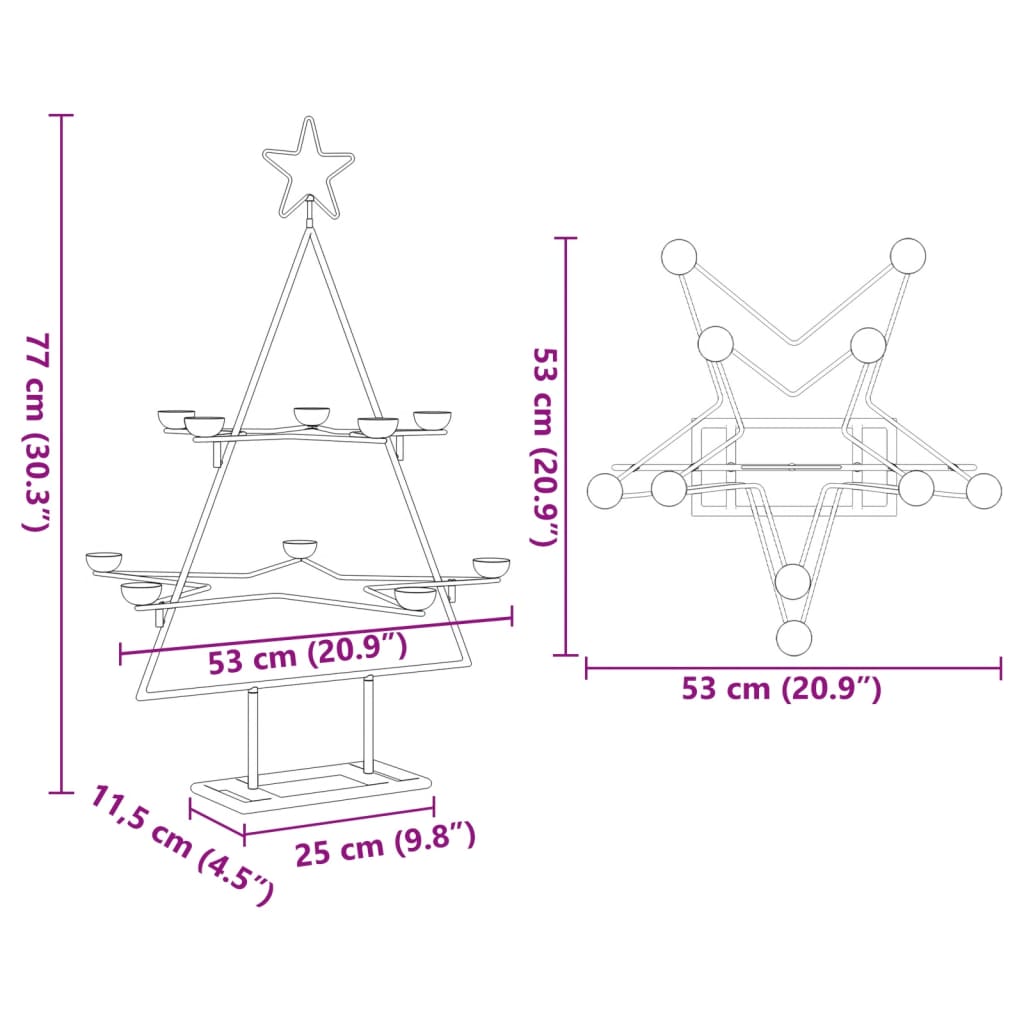 Black metal Christmas tree stand, 29.5 inches tall with two tiers of tealight holders.