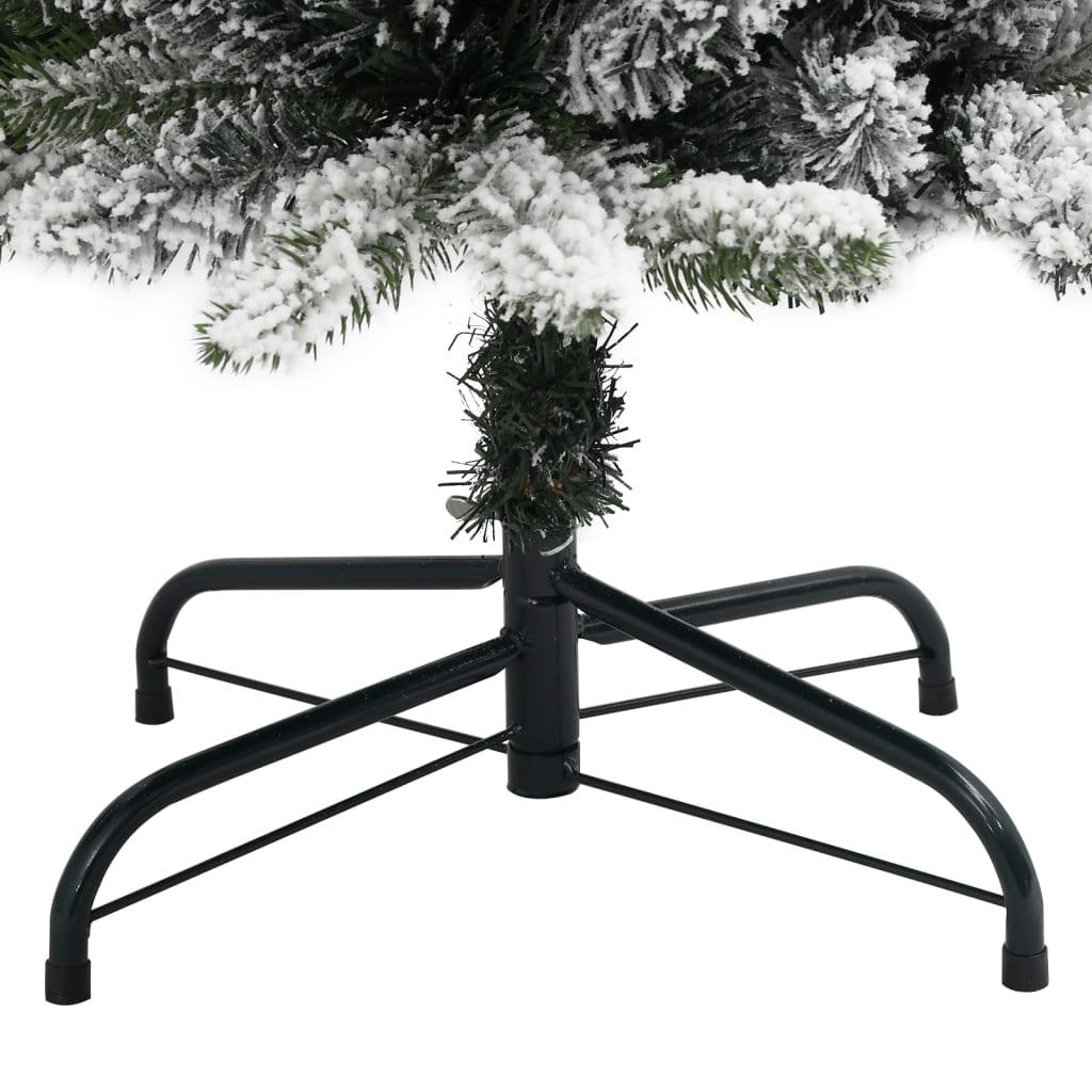 4ft slim artificial Christmas tree with flocked snow and black metal stand.