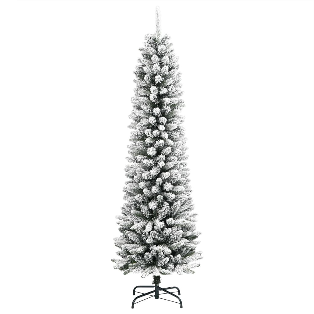 A 5ft slim flocked snow artificial Christmas tree with PVC and PE branches on a steel stand.