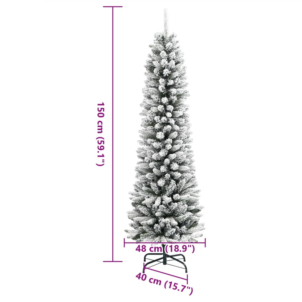 A 5ft slim flocked snow artificial Christmas tree with PVC and PE branches, measuring 40cm wide and 48cm at base.