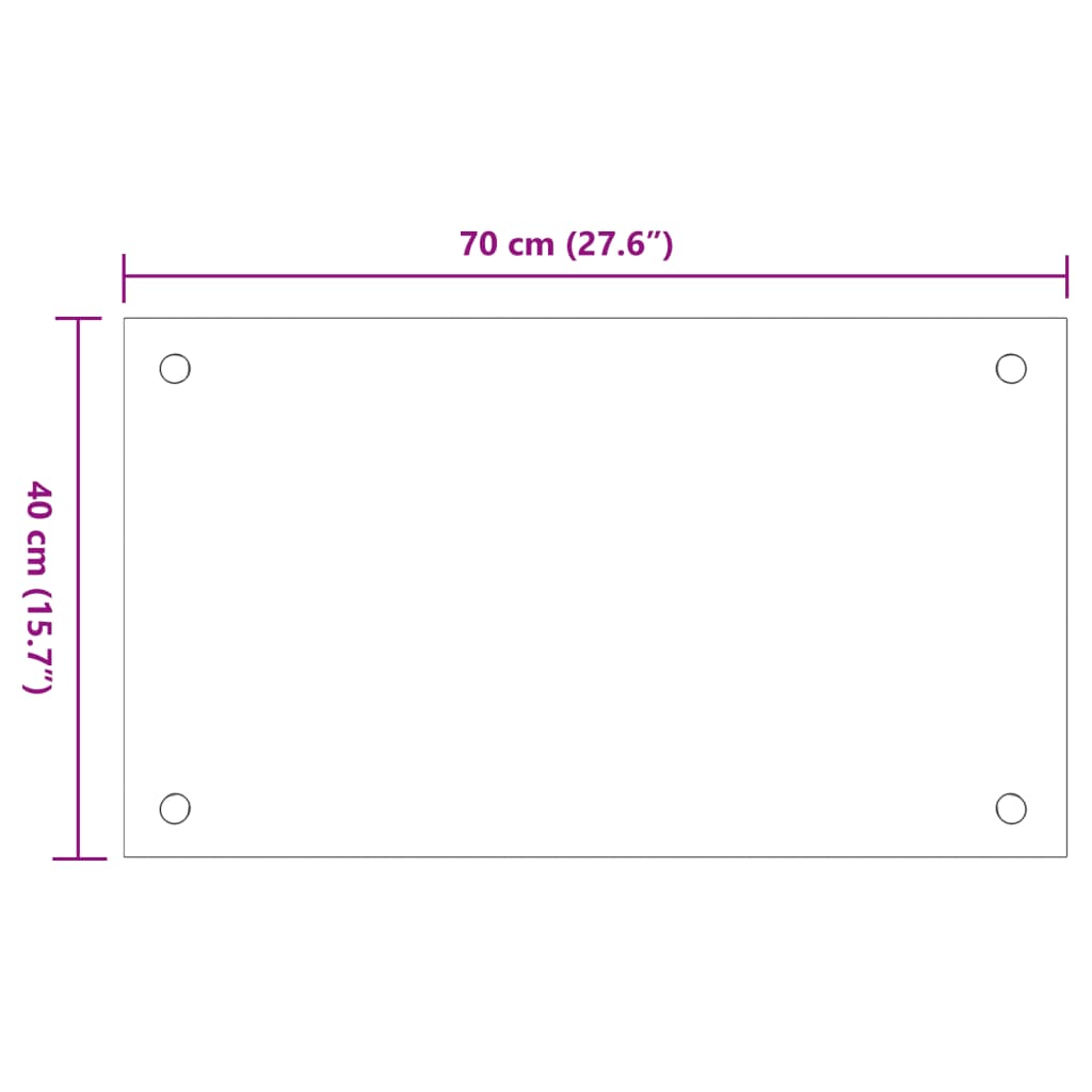 Transparent tempered glass panel with pre-drilled holes, measuring 70 cm by 40 cm.