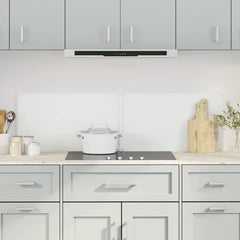 Two transparent tempered glass backsplash panels, 27.6x15.7 inches each, installed on a white kitchen wall above a stove.