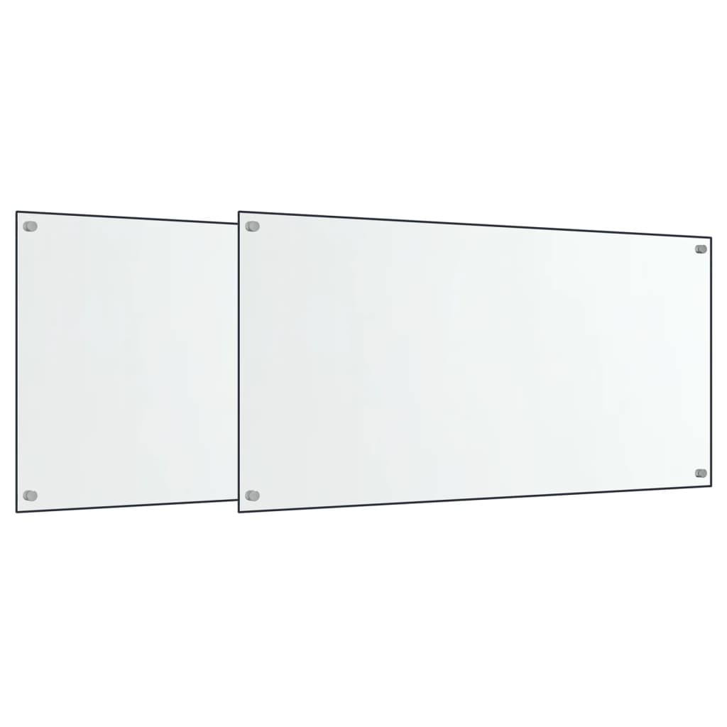 Two transparent tempered glass kitchen backsplash panels, each 31.5x15.7 inches, with pre-drilled holes.