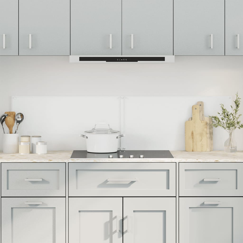 Two transparent tempered glass kitchen backsplashes, each 31.5x19.7 inches, installed on a light gray kitchen wall.