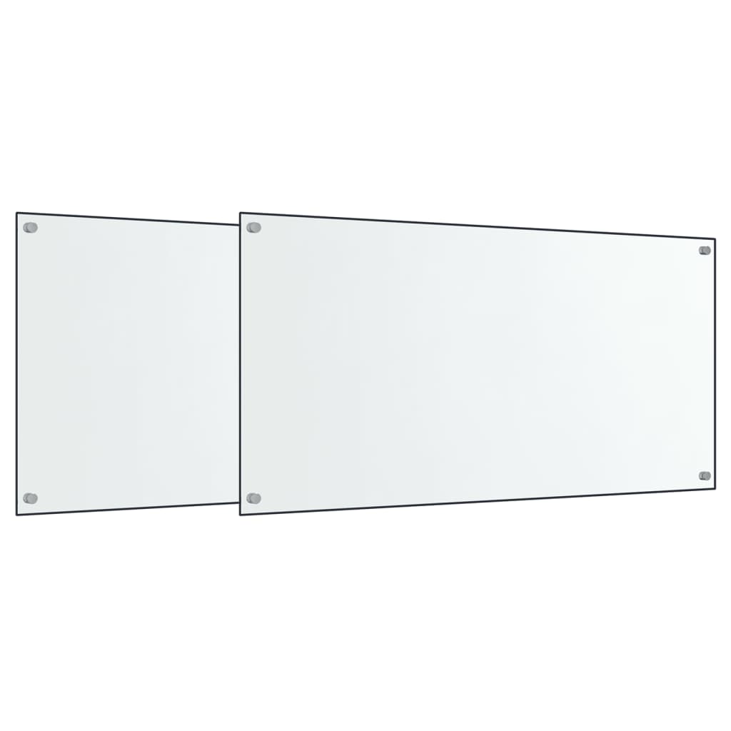 Two transparent tempered glass kitchen backsplash panels, each 31.5x23.6 inches with pre-drilled holes.