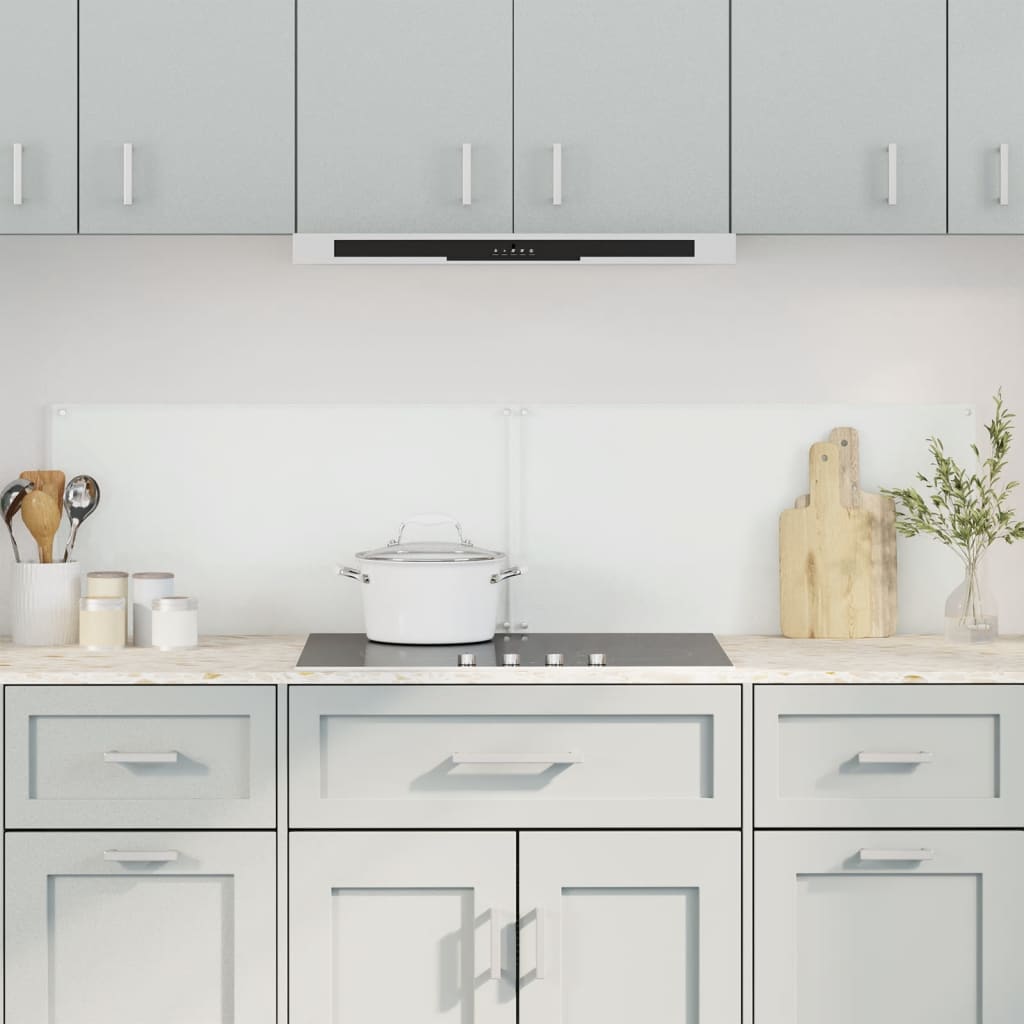 Two transparent tempered glass backsplash panels, 31.5x23.6 inches each, installed on a light gray kitchen wall behind a stove.