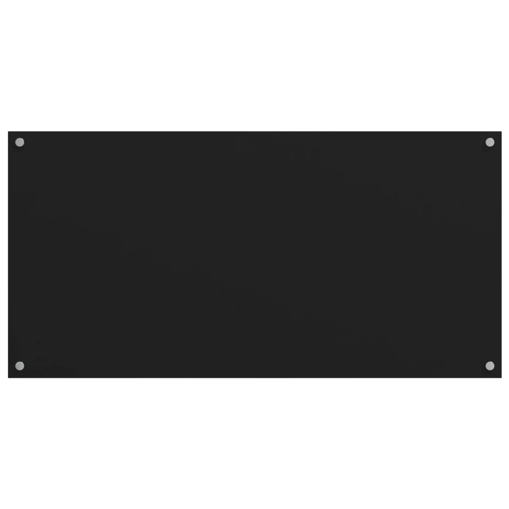 Two matte black tempered glass kitchen backsplash panels, each 31.5 by 15.7 inches, with pre-drilled holes.