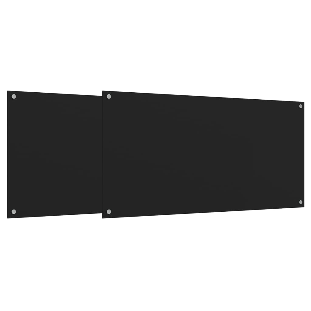 Two black tempered glass kitchen backsplash panels, each 31.5 by 19.7 inches, shown side by side with pre-drilled holes.