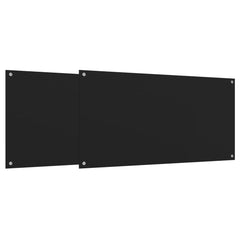 Two black tempered glass kitchen backsplash panels, each 31.5 by 19.7 inches, shown side by side with pre-drilled holes.