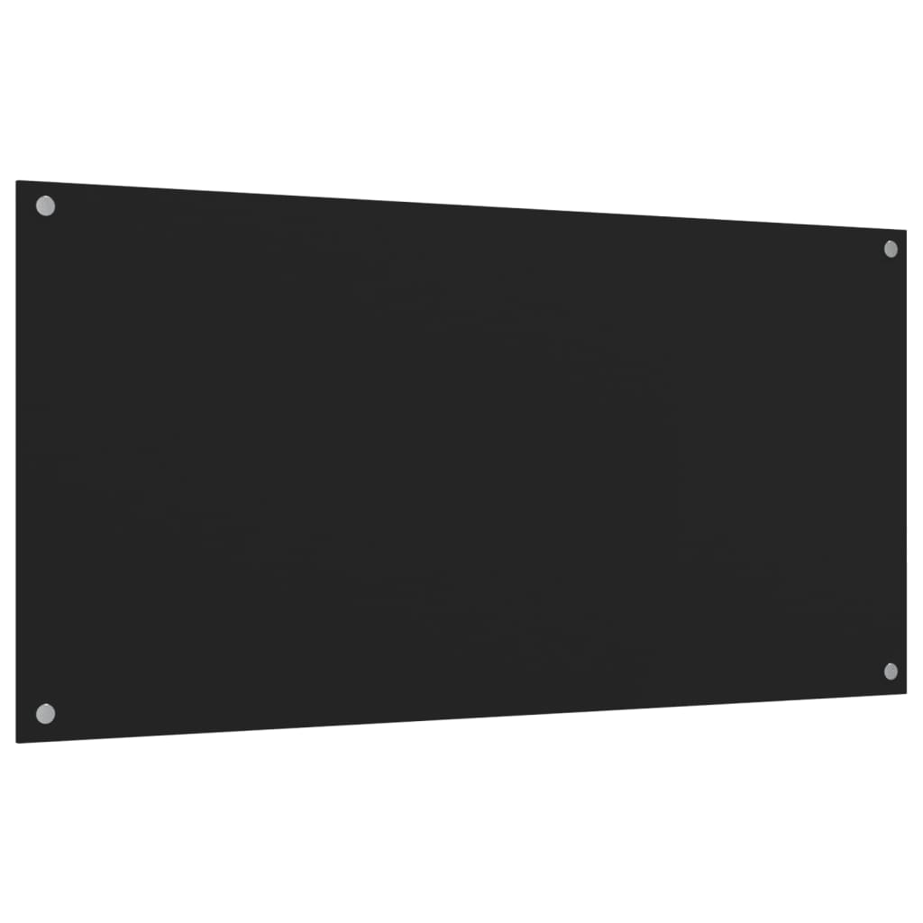 Two black tempered glass kitchen backsplash panels, each 31.5 by 19.7 inches, with pre-drilled holes.