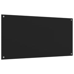 Two black tempered glass kitchen backsplash panels, each 31.5 by 19.7 inches, with pre-drilled holes.