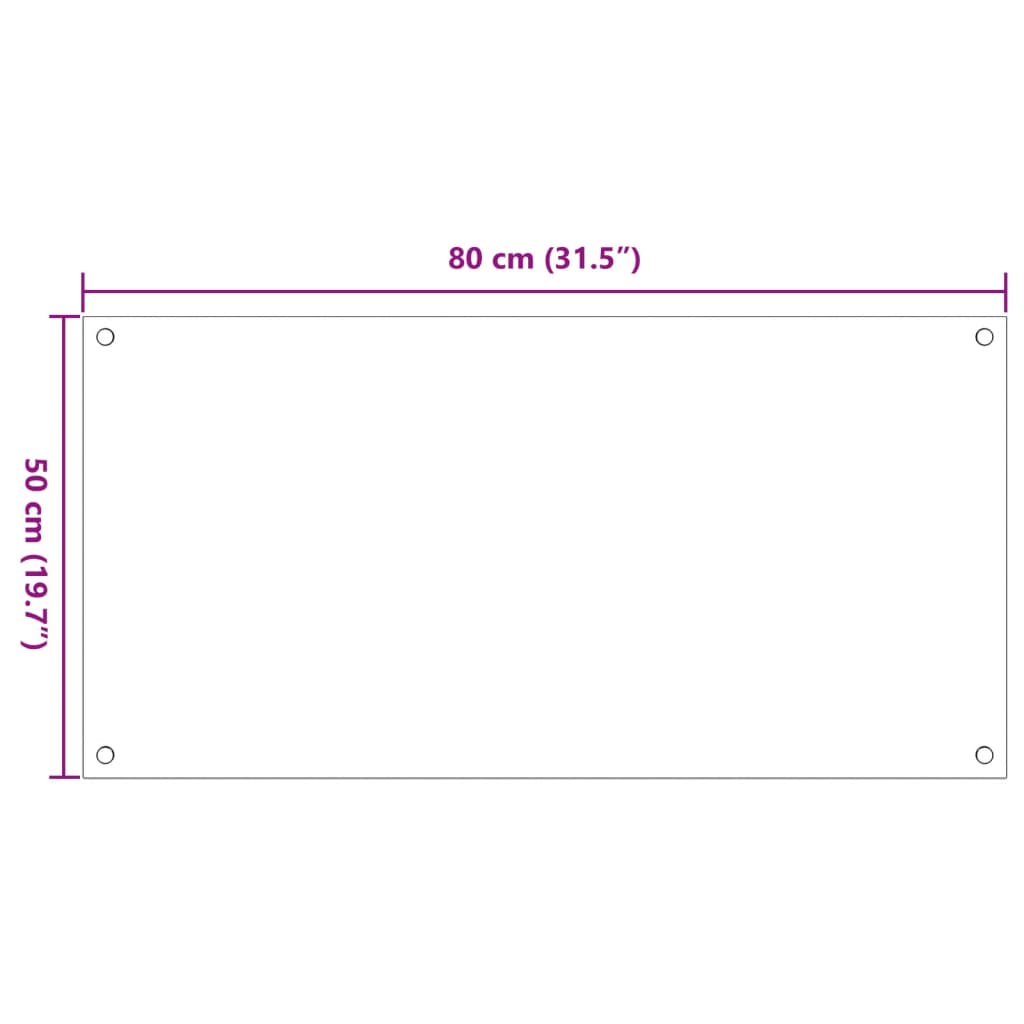 Diagram of a 31.5 by 19.7 inch rectangular tempered glass backsplash panel with pre-drilled corner holes.