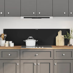 Two black tempered glass backsplash panels installed on a modern kitchen wall behind a white pot on an induction cooktop.