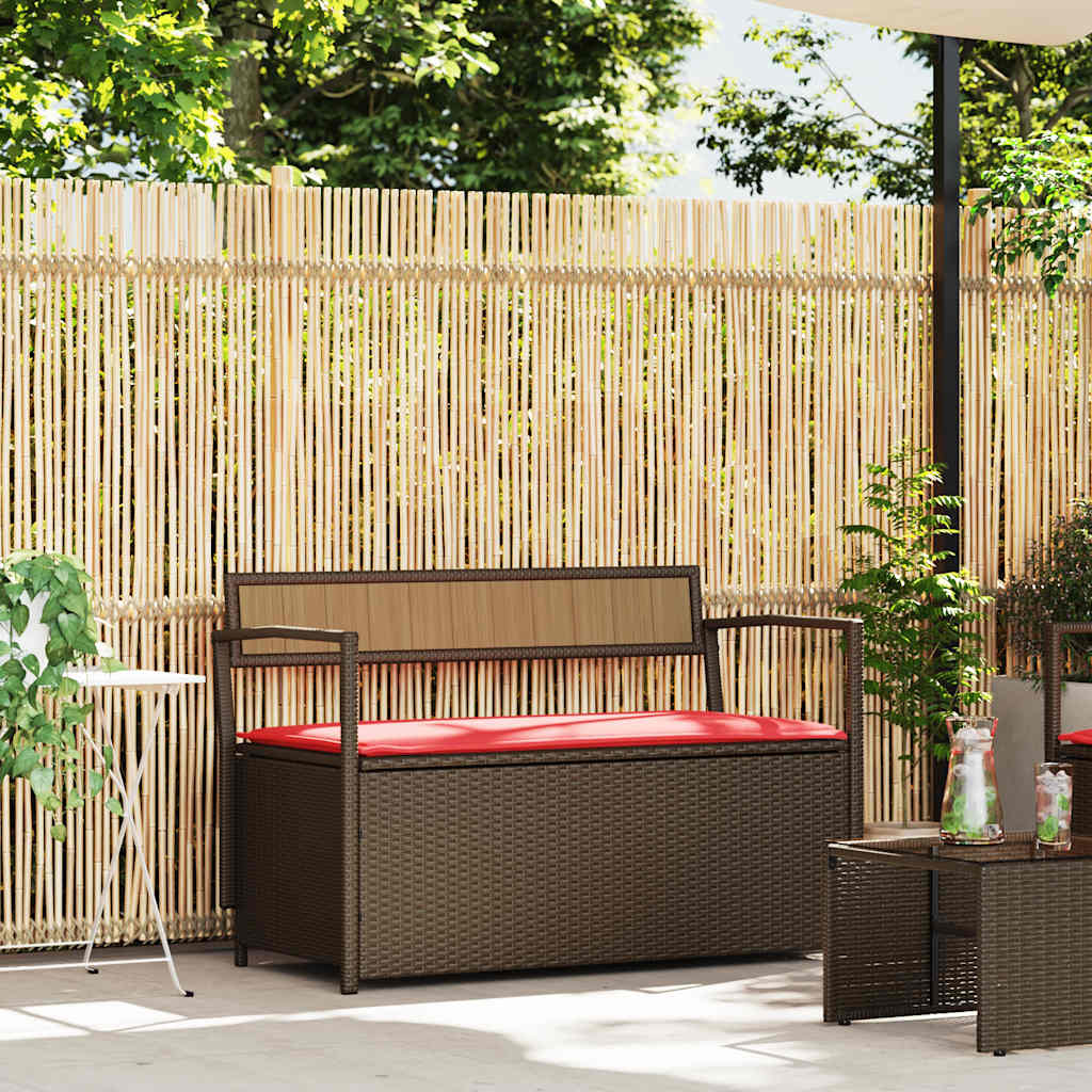 Patio Storage Bench with Cushion Brown Poly Rattan