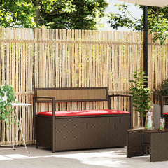 Patio Storage Bench with Cushion Brown Poly Rattan