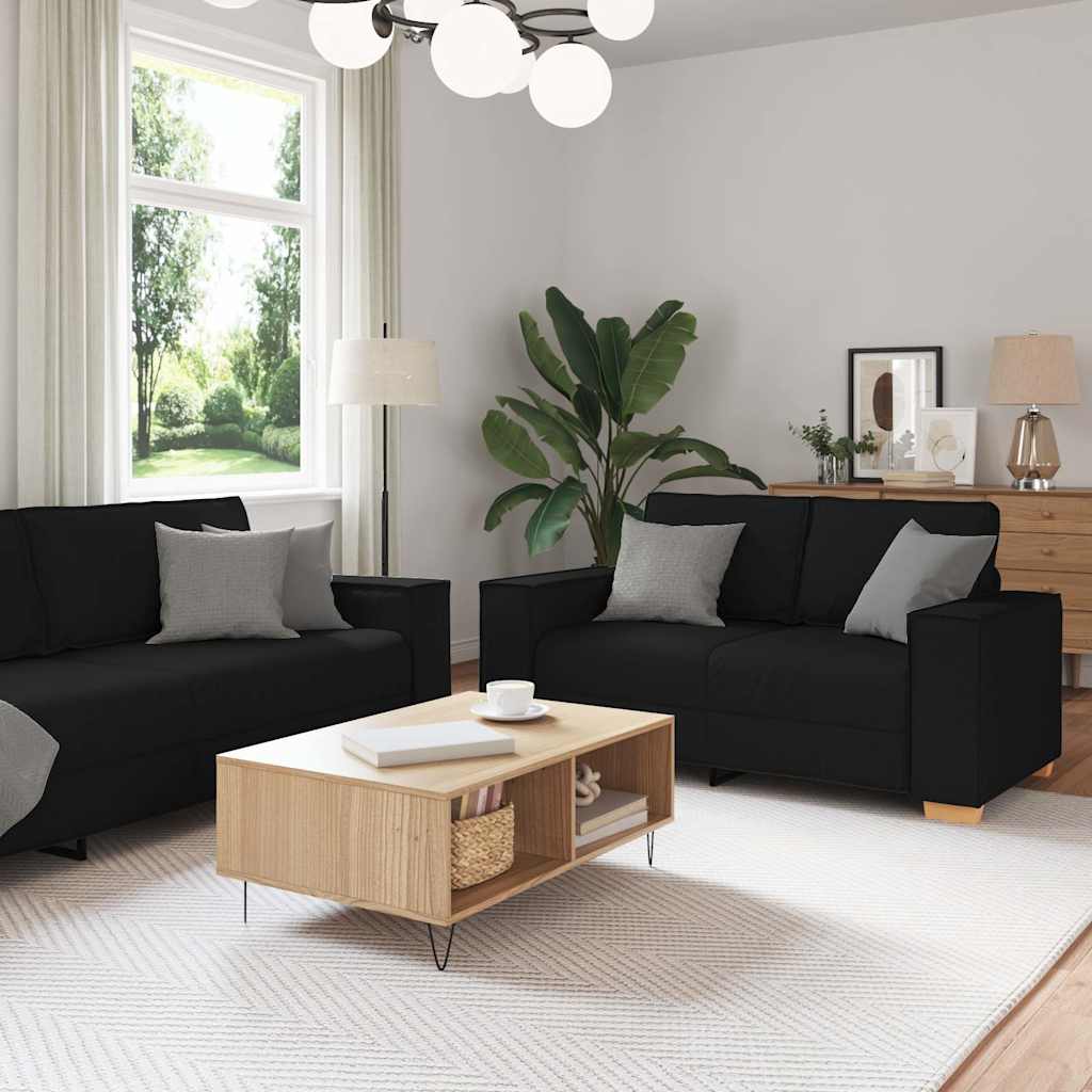 Sofa Set Black Fabric (100% polyester), metal, plywood, solid wood