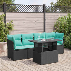 5 Piece Patio Sofa Set with Cushions Black Poly Rattan Acacia