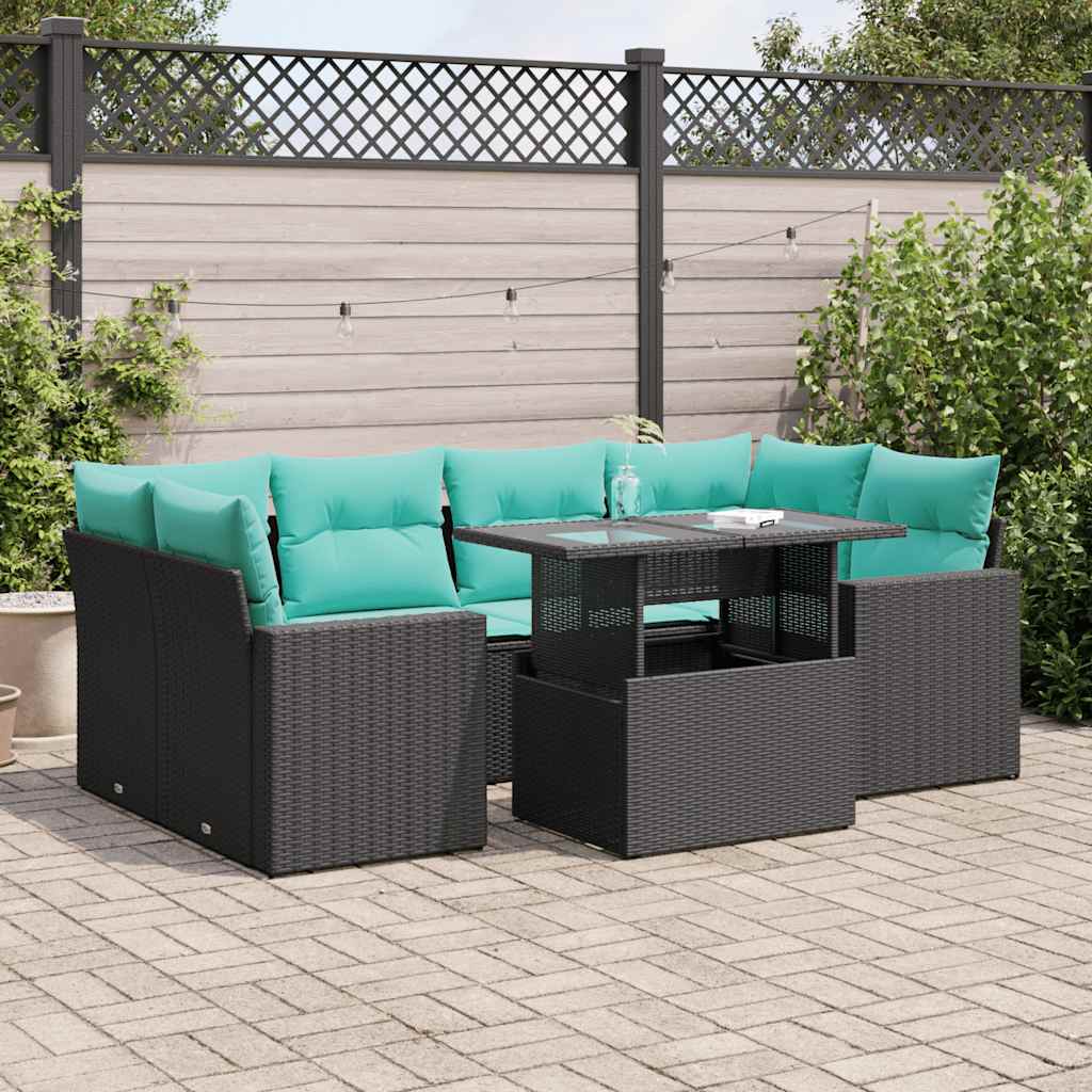 7 Piece Patio Sofa Set with Cushions Black Poly Rattan Acacia
