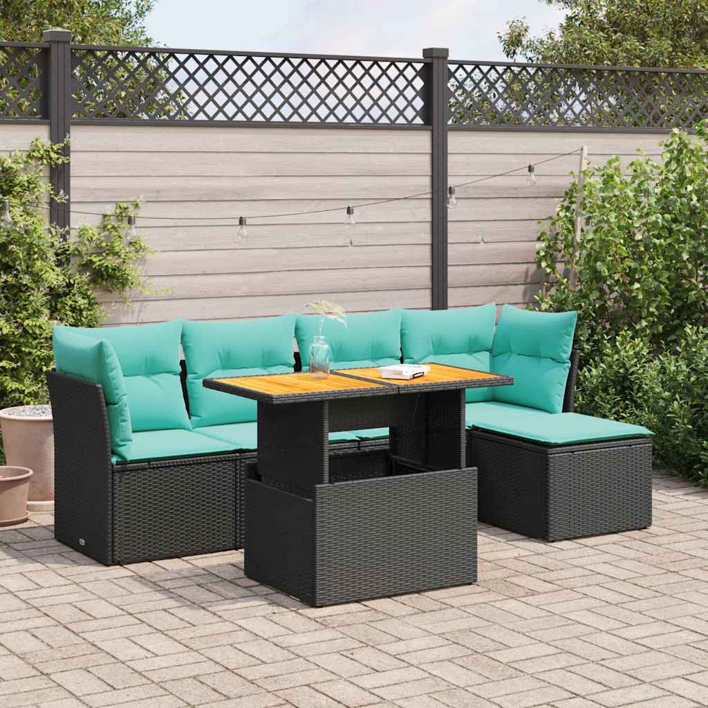 6 Piece Patio Sofa Set with Cushions Black Poly Rattan