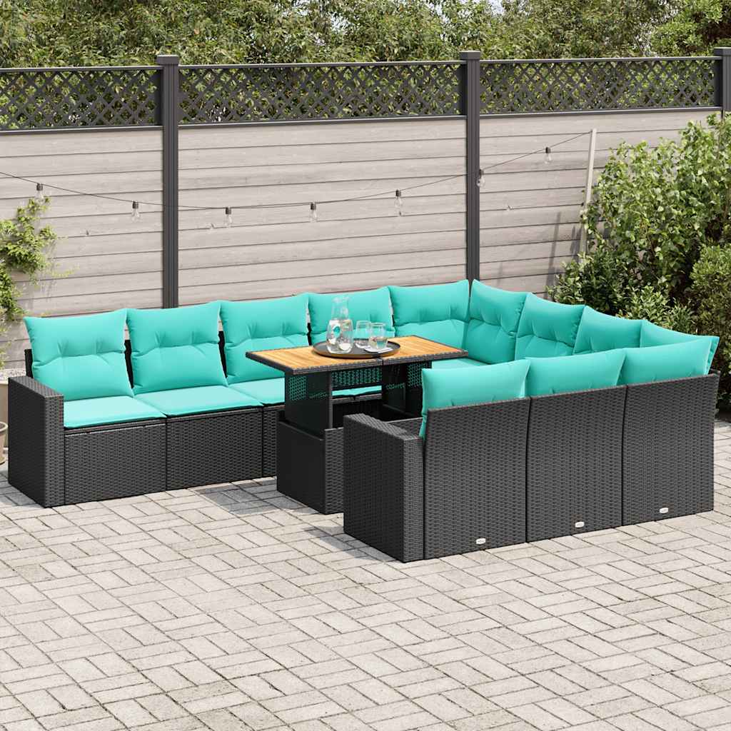 11 Piece Patio Sofa Set with Cushions Black Poly Rattan