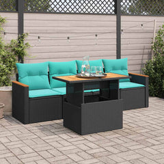5 Piece Patio Sofa Set with Cushions Black Poly Rattan