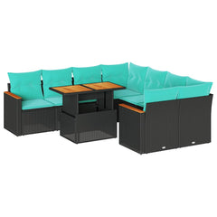 9 Piece Patio Sofa Set with Cushions Black Poly Rattan