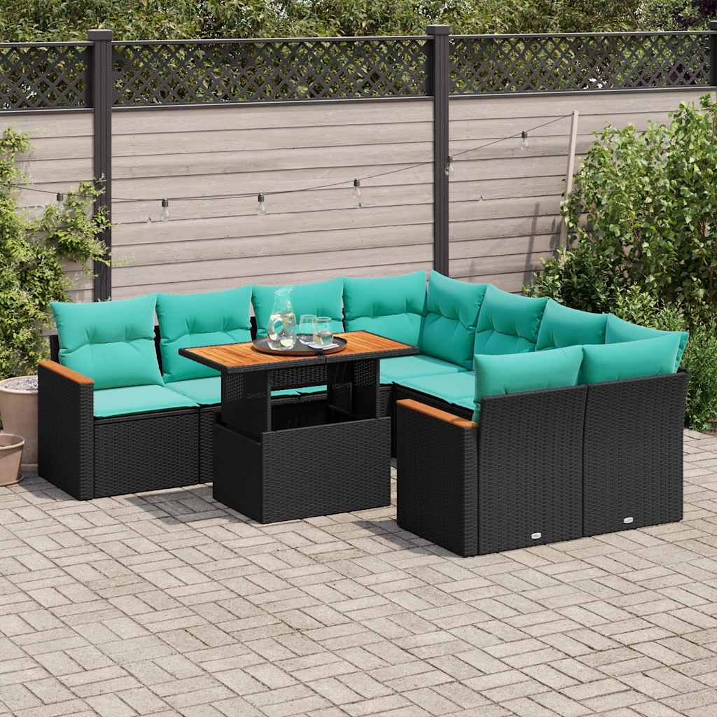 9 Piece Patio Sofa Set with Cushions Black Poly Rattan
